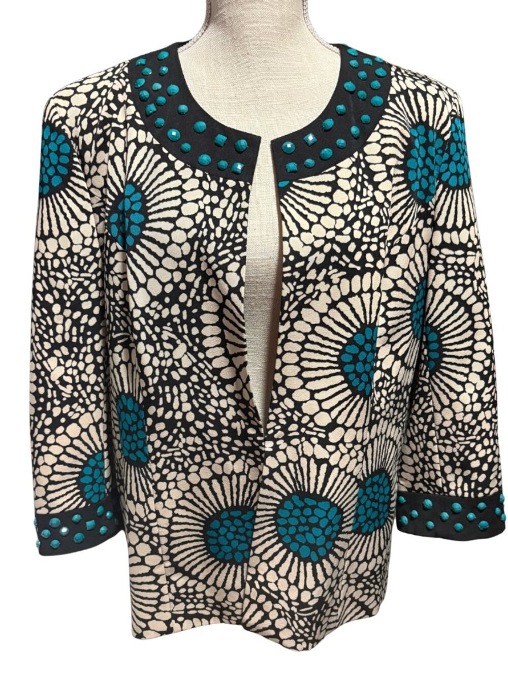 Vintage Birch Hill Embellished Jacket XL Teal Black Floral Open Front Blazer